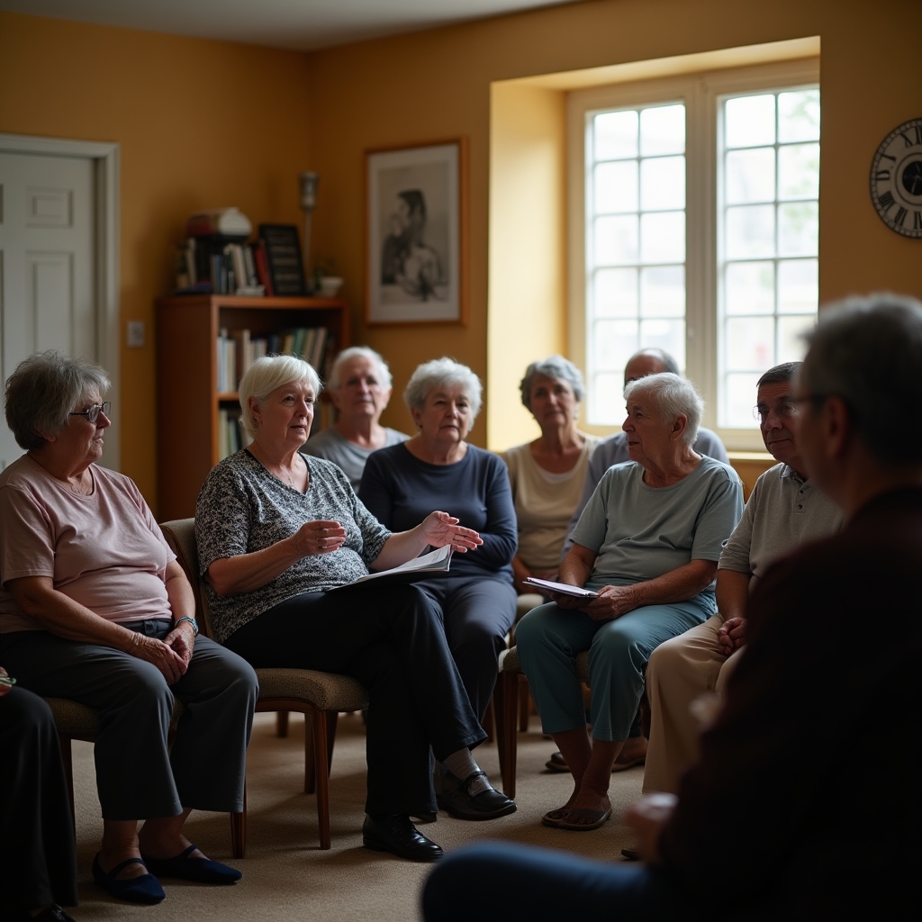 Vecinos reunidos en una sala comunitaria discutiendo un proyecto del edificio