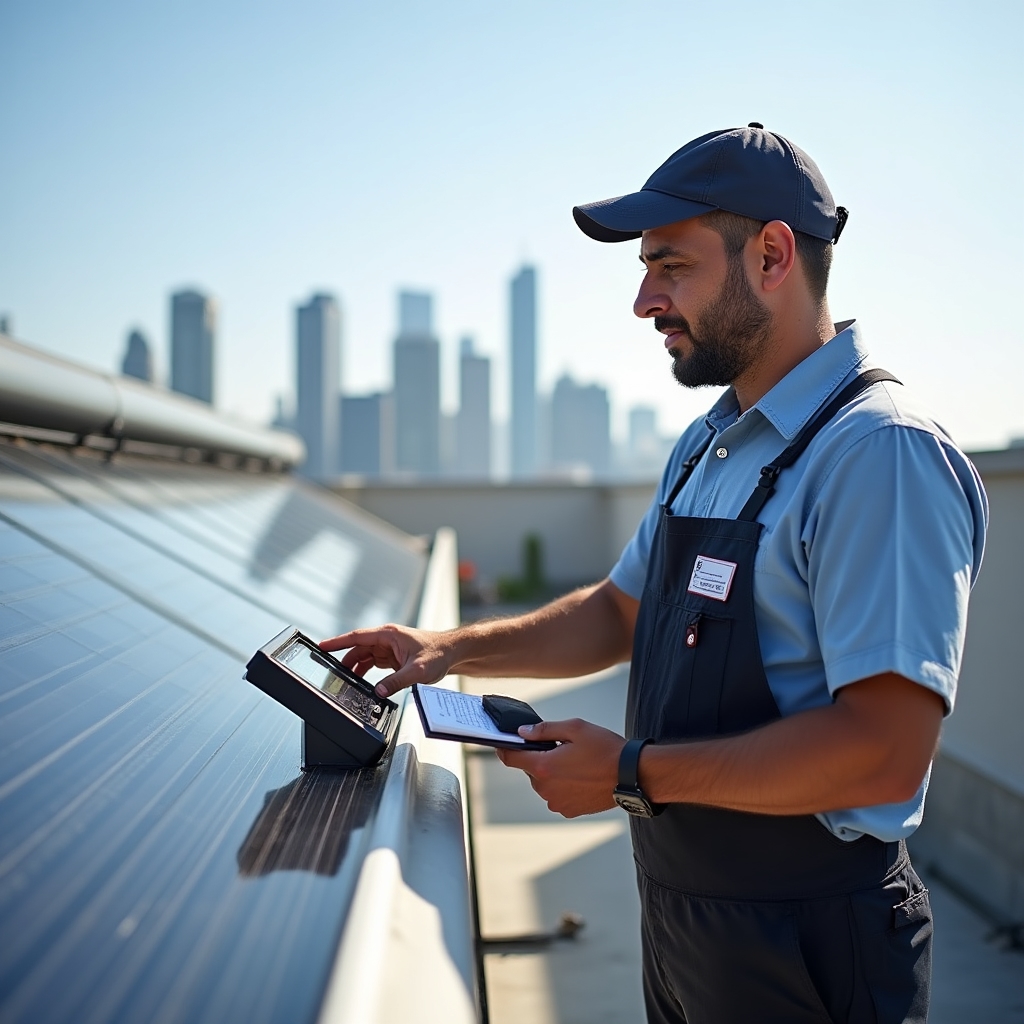 Persona de conserjería revisando el panel de control de una instalación solar térmica