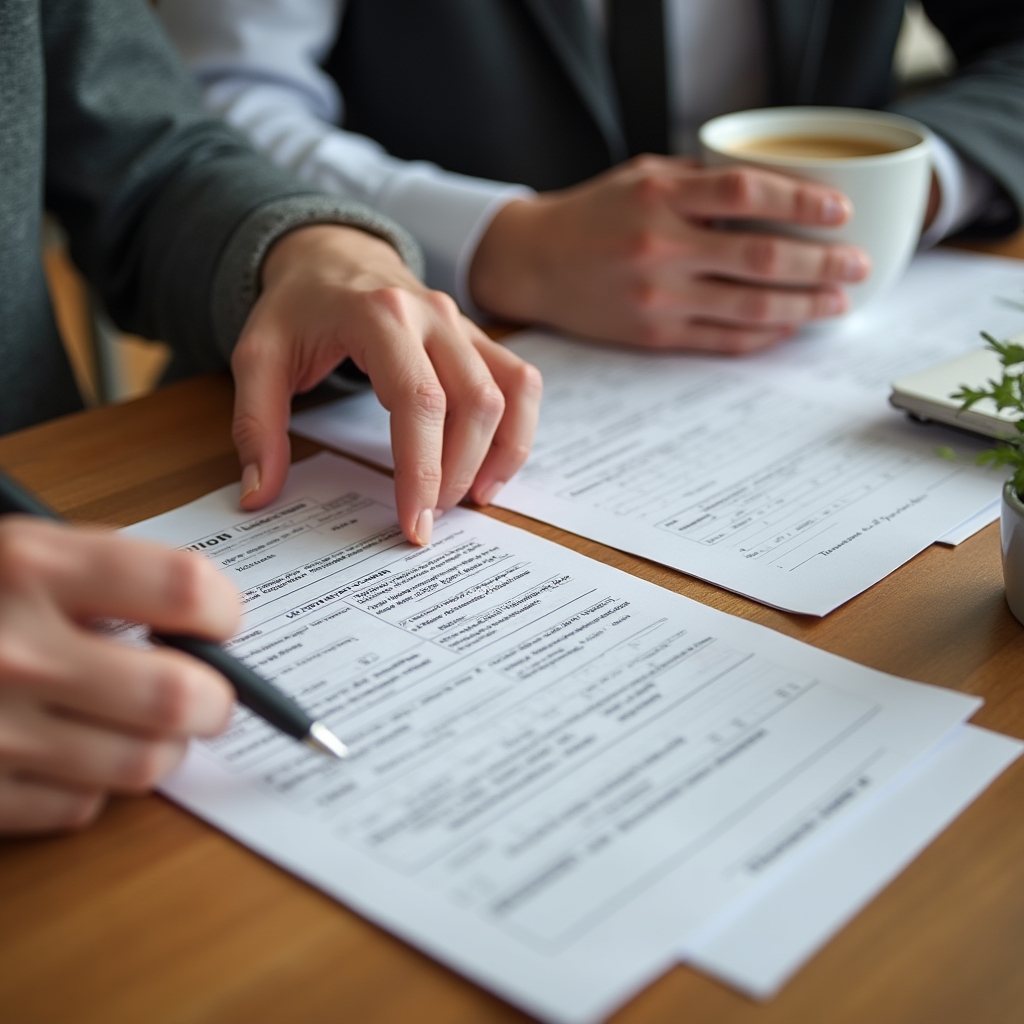 Manos revisando formularios de solicitud de subvención sobre una mesa