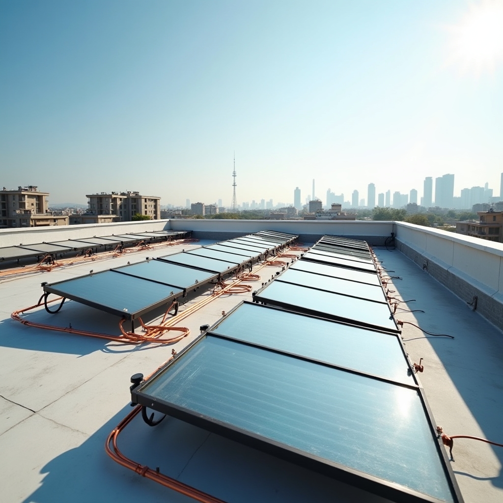 Captadores solares térmicos instalados sobre la cubierta de un edificio de viviendas