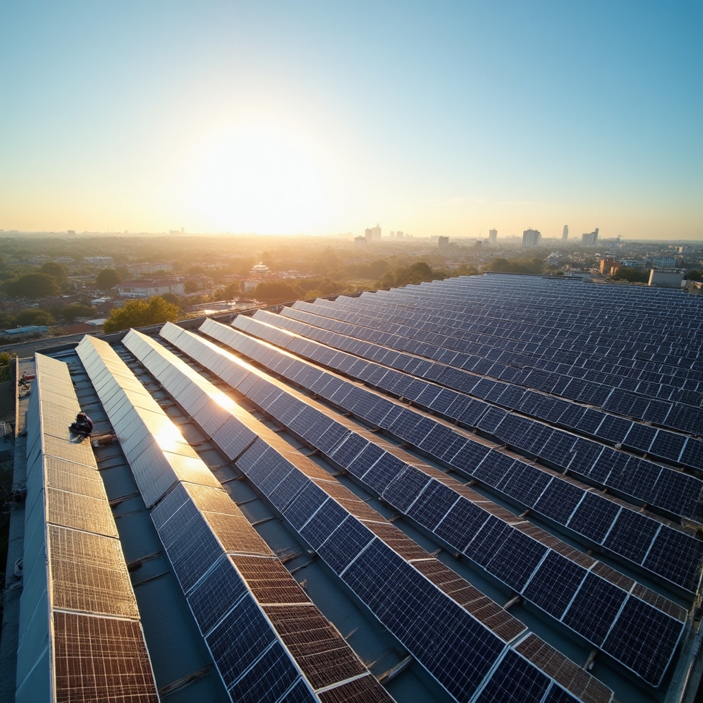 Vista amplia de una cubierta de edificio con varios captadores solares térmicos instalados en fila